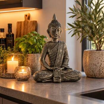 Sort/sølv siddende Buddha figur med klæde