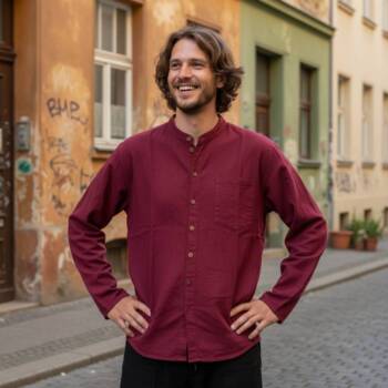 Langærmet skjorte med lav krave til mænd / Sort - Bordeaux - Lime - Blå / Bondeskjorte