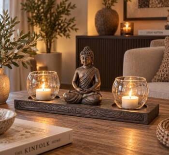 Dobbelt Buddha lysestage med 2 lysglas