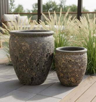 Let glaserede keramik krukker med lava look / Light black - Sæt 2stk