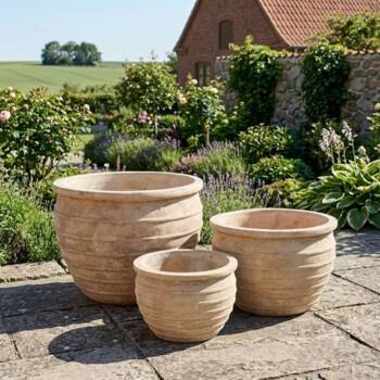 Havekrukker i choko Terracotta med striber - Sæt 3stk