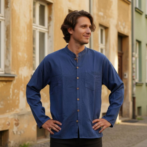 Langærmet skjorte med lav krave til mænd / Sort - Bordeaux - Lime - Blå / Bondeskjorte