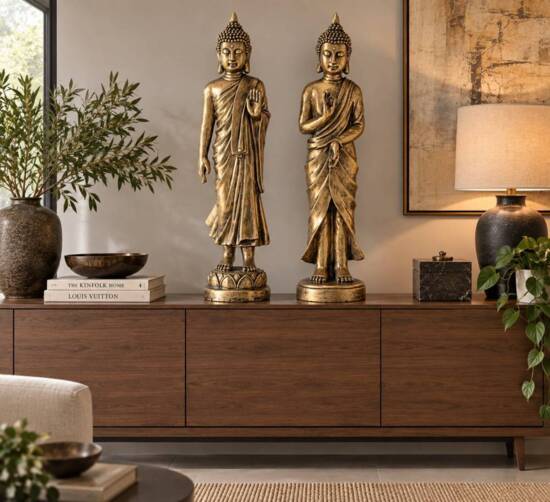 Høj 80cm Buddha figur i guld antik - SÆT
