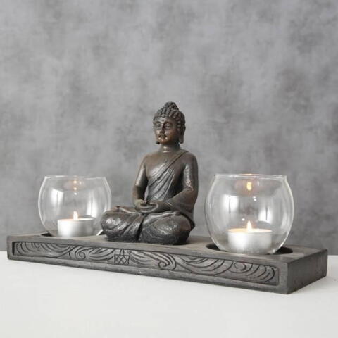 Dobbelt Buddha lysestage med 2 lysglas