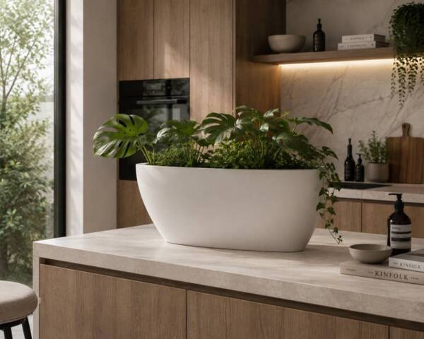 Oval krukke - Lav hvid plantegondol i glasfiber 60cm
