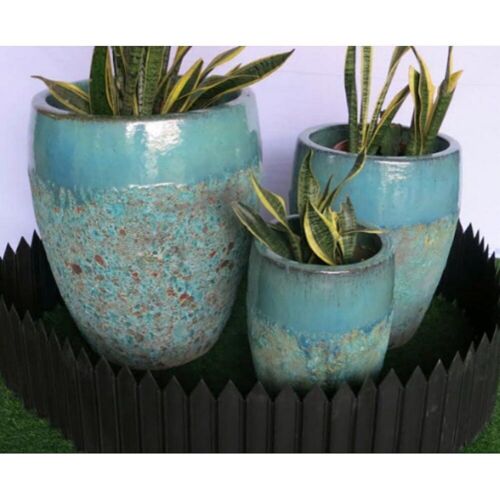 Glaseret vase / krukke i keramik med jade struktur- SÆT