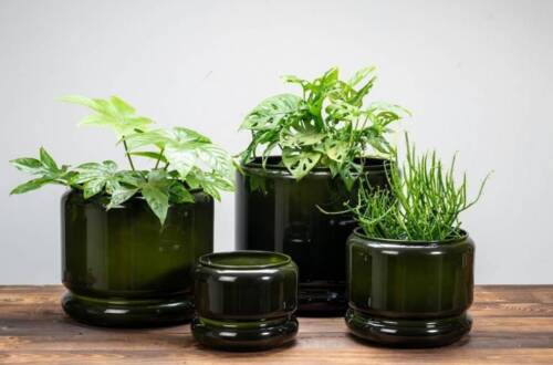 Upcycled plantepotter i metal - Sæt med 3stk - Kastanje + Gråblå + Flaskegrøn