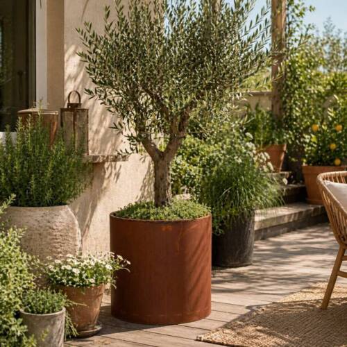 Stor Krukke i Corten / rust med hjul - H.60xØ.60 eller H.75xØ.80