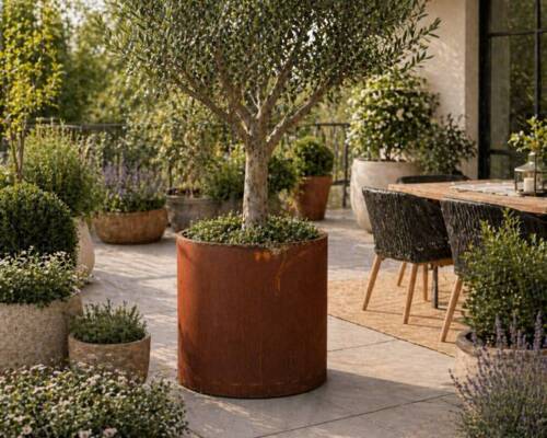 Stor Krukke i Corten / rust med hjul - H.60xØ.60 eller H.75xØ.80