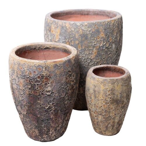 Rustikke glaserede koniske keramik krukker med lava look - Sæt 3stk - 2 farver