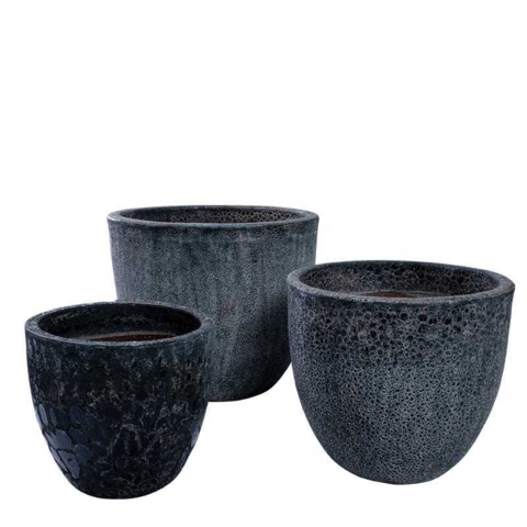 Let glaserede keramik krukker med lava look / Light black - Sæt 3stk / 4stk