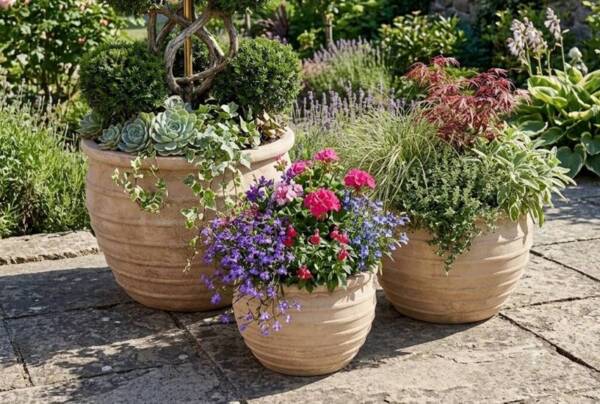 Havekrukker i choko Terracotta med striber - Sæt 3stk