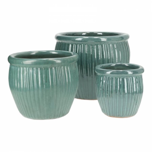 Runde glaserede krukker med ribber - sæt 3stk - 4 farver