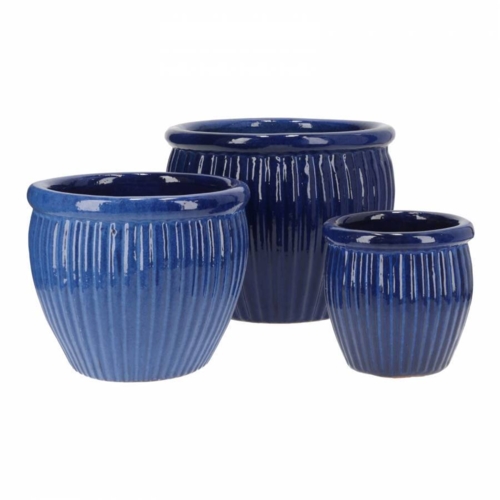 Runde glaserede krukker med ribber - sæt 3stk - 4 farver