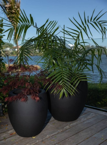 Stor rund udendørs frostsikker krukke med let nistret look - SÆT - 5 års garanti