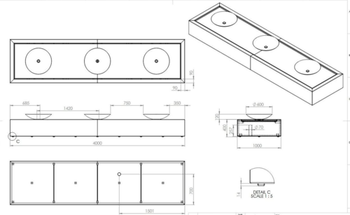 Store vandfontæner i cortenstål med vandskåle og led lys