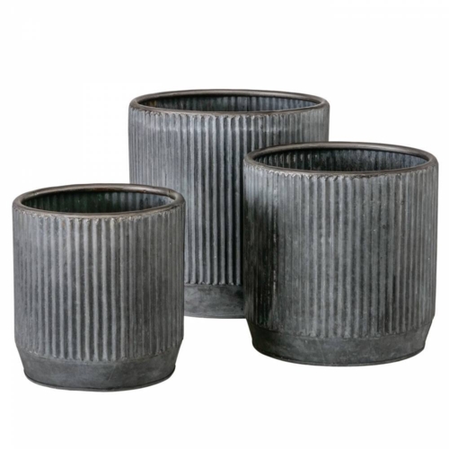 Runde plantepotter i metal med zink look og ribber - Sæt