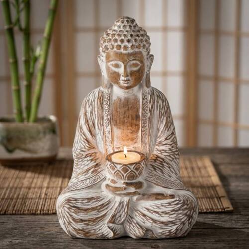 30cm Buddha i brun antik med lysholder
