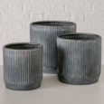 Runde plantepotter i metal med zink look og ribber - Sæt
