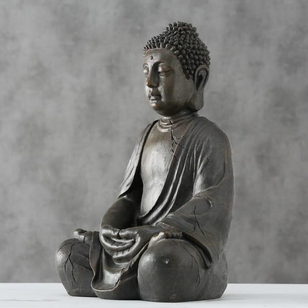 Skyldfølelse Skulptur Isse 50cm Siddende Buddha Figur I Lotus Stilling / Brun Antik