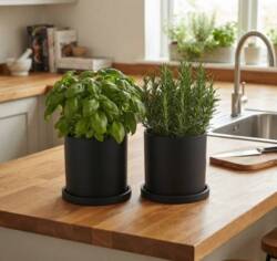 Sort Rockstone urtepotte med underfad - Ø.15+18+20+23cm
