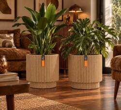 Indendørs rund plantekrukke i beige med ribber - Ø.36cm + Ø.44cm