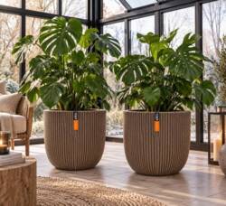 Indendørs plantekrukke i varm taupe med ribber - Ø.35cm + Ø.43cm + Ø.54