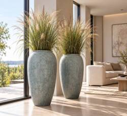 Indendørs høj plantekrukke i antik blågrøn glasfiber - 112cm