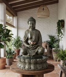 Buddha vandfontæne med lotus blomst - 46cm
