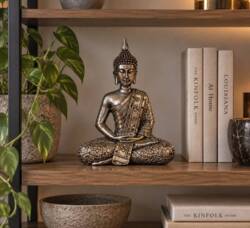 Siddende Thai Buddha i sølv resin - 29cm